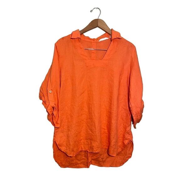 SOFT SURROUNDINGS Morgana Linen Tunic Top Orange Collar Back Button Petite Large - Picture 1 of 6